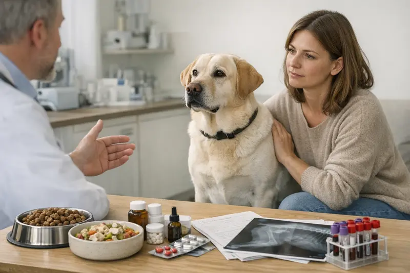 Hund erhält vom Tierarzt eine Beratung zu ernährungsbedingten Problemen und den notwendigen Versicherungsleistungen.