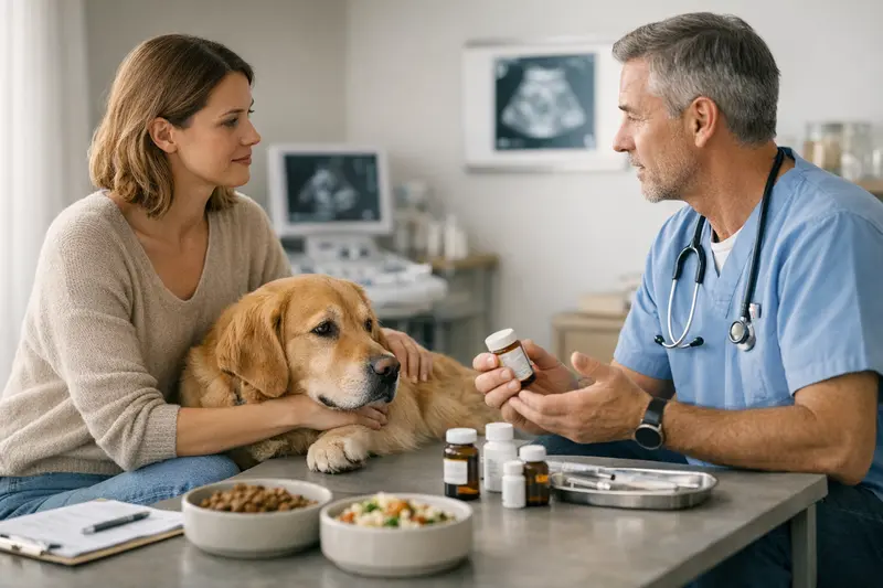 Hund erhält tierärztliche Behandlung wegen ernährungsbedingter Probleme.