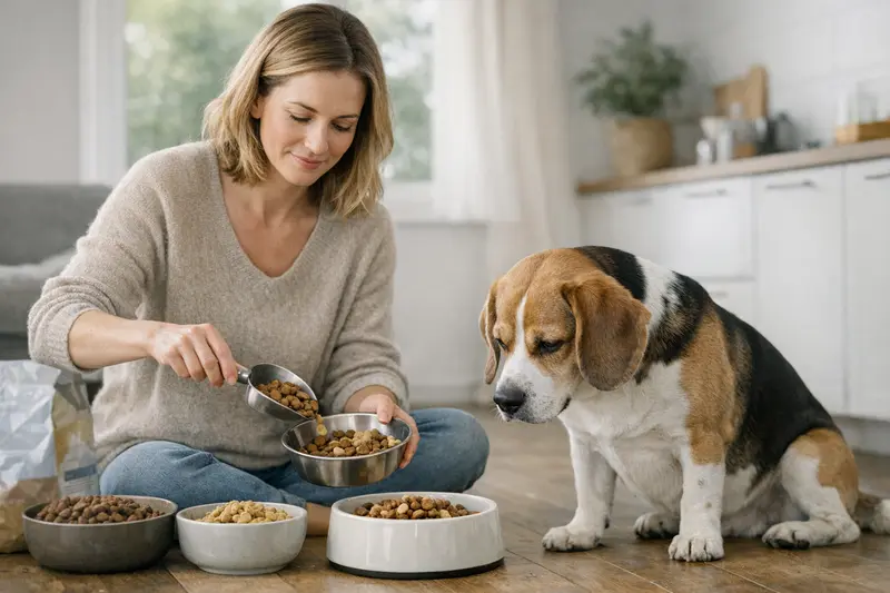 Ein Hund, der schrittweise an neues Futter gewöhnt wird.