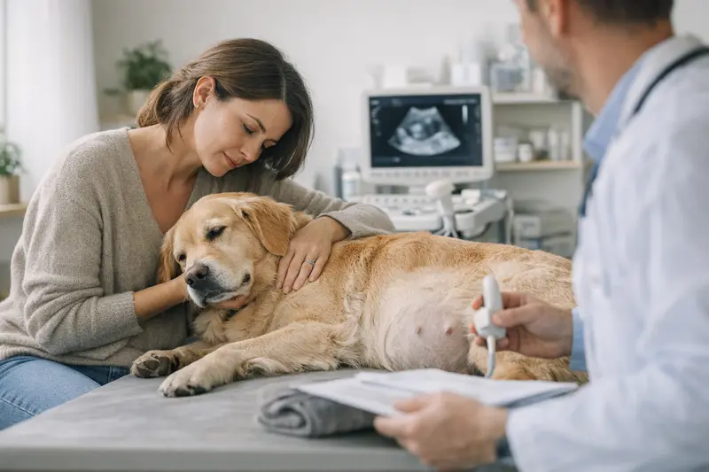 Hundewelpe Tierarztuntersuchung Ein Hundewelpe, der beim Tierarzt untersucht wird, symbolisiert die Wichtigkeit der Absicherung von Geburtsrisiken.