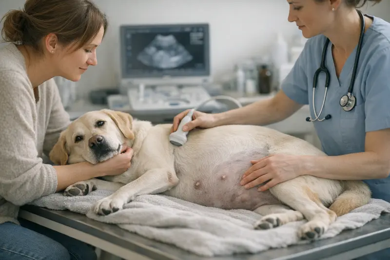 Tierarztbesuch einer schwangeren Hündin Ein schwangere Hündin in einer Tierarztpraxis wird untersucht, um die optimale Versicherung für Trächtigkeit und Geburt zu besprechen.