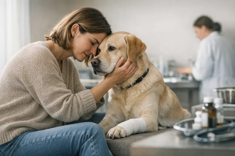 Hundehaftpflichtversicherung und Tierarztkosten Ein Hund steht neben seinem Besitzer im Wartezimmer einer Tierarztpraxis, während eine Information über Hundehaftpflichtversicherung sichtbar ist.