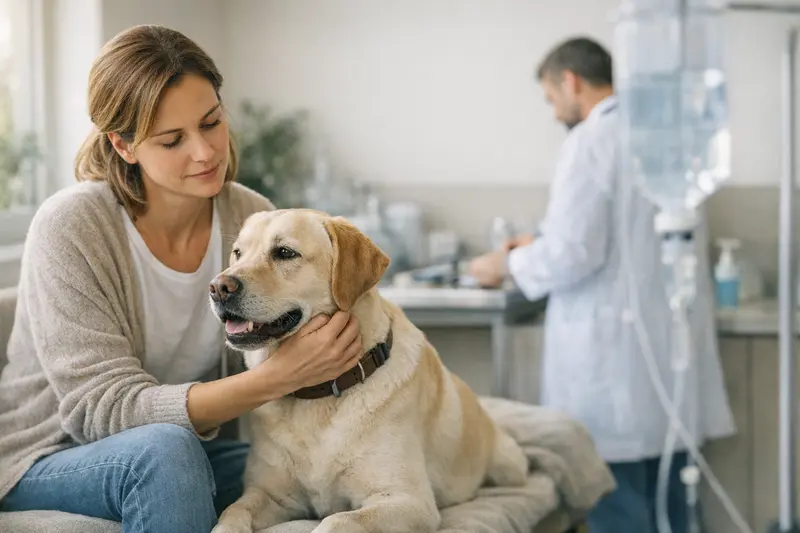 Hundehaftpflichtversicherung – Wichtige Informationen Eine Familie mit ihrem Hund, die über eine Hundehaftpflichtversicherung nachdenkt.