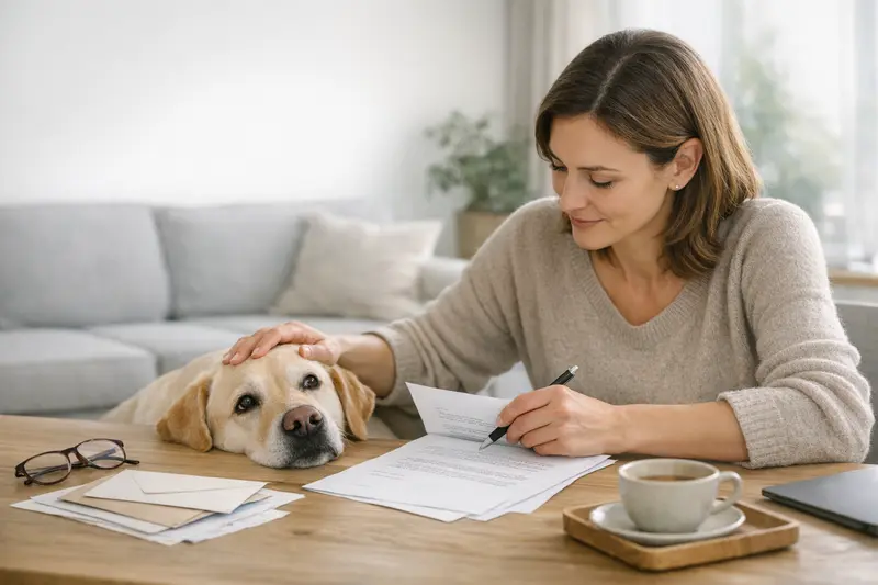 Eine Person, die einen Kündigungsschreiben für die Hundehaftpflichtversicherung vorbereitet.