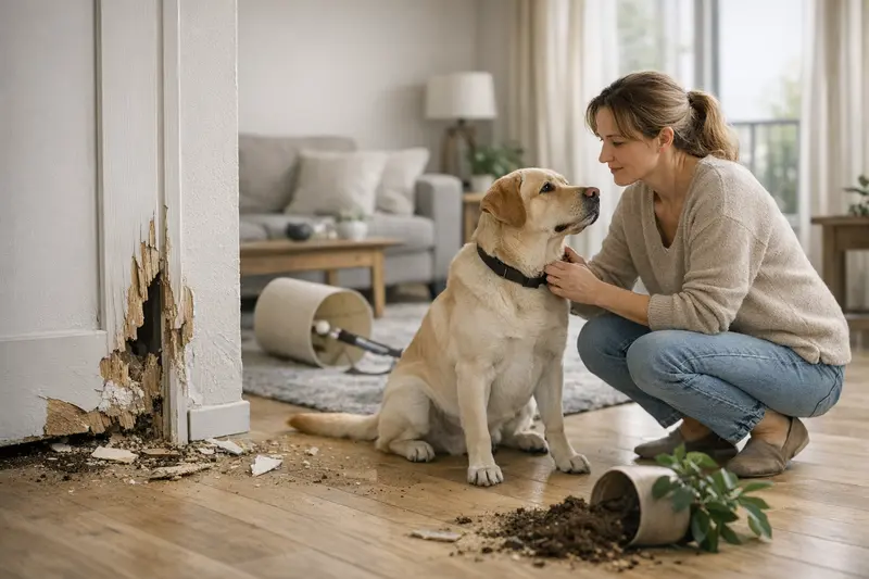 Hund in Mietwohnung Eine schicke Mietwohnung mit einem Hund, der auf dem Boden liegt und durch die Türen schaut.