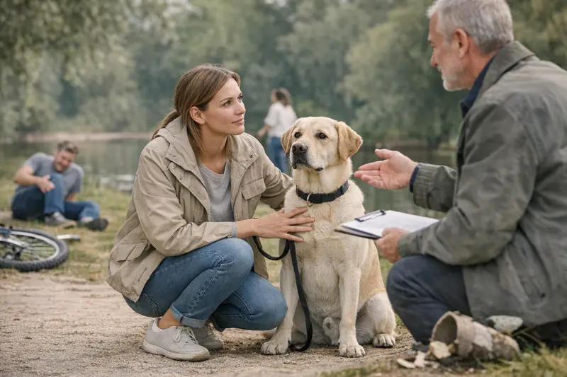 Hundehaftpflicht - Sicherheit für Hundebesitzer Illustration eines Hundes, der mit einem Besitzer beim Ausführen spielt, symbolisiert die Absicherung durch eine Hundehaftpflichtversicherung.