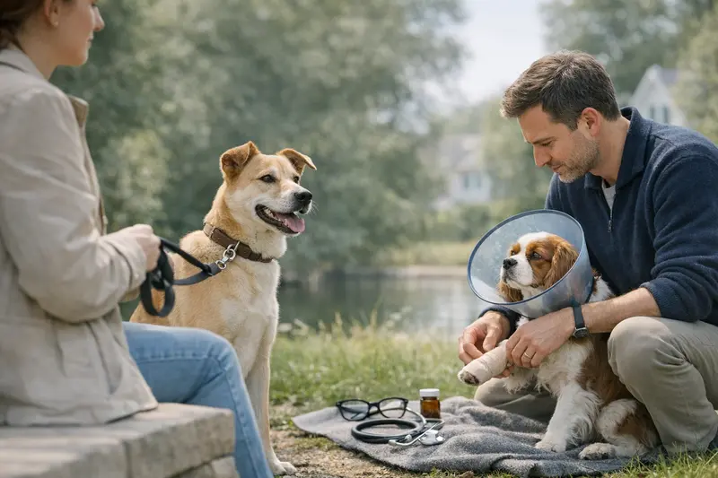 Hundehaftpflicht und Verantwortung Ein Hund, der im Park freundlich mit anderen Hunden spielt und angeleint ist, symbolisiert Verantwortung bei der Hundehaftpflicht.