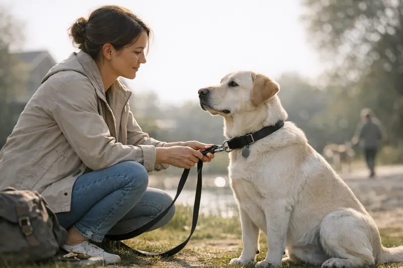 Tarifvergleich Hundehaftpflicht Hundehalter vergleicht verschiedene Tarife für Hundehaftpflichtversicherung auf einer digitalen Plattform.