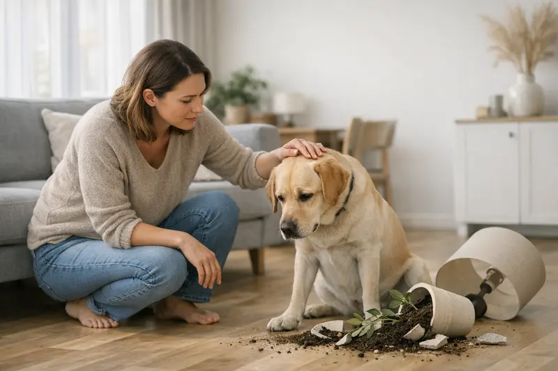 Hundehaftpflicht und Mietsachschäden Hundehalter in einer Mietwohnung mit Hund, der auf einen beschädigten Boden schaut, was die Verantwortung in der Hundehaftpflichtversicherung verdeutlicht.