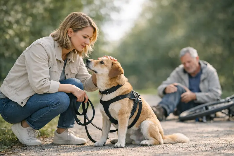 Ein Hund an der Leine im Park, symbolisierend die Tierhalterhaftpflicht.