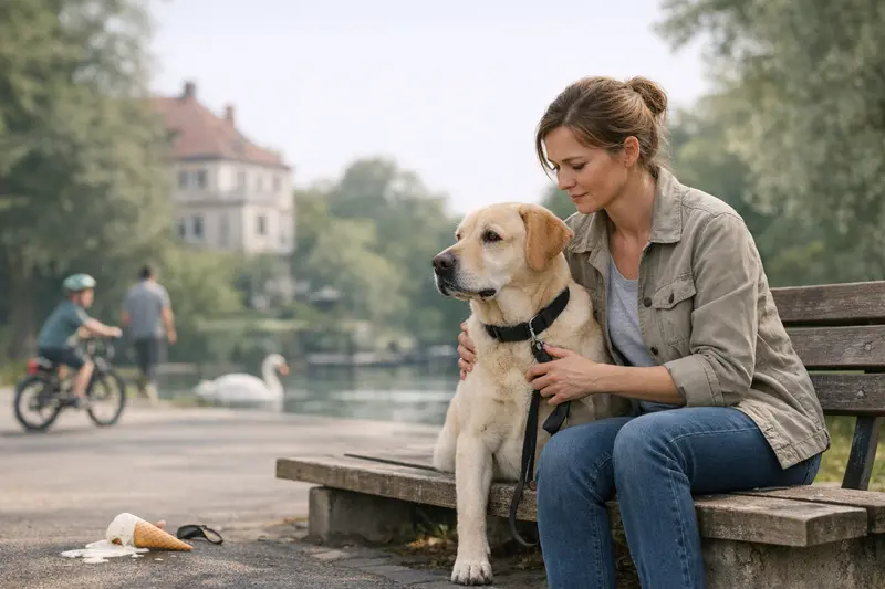 Hundehaftpflichtversicherung in Deutschland Hundehalter mit seinem Hund im Park, der über die Notwendigkeit einer Hundehaftpflichtversicherung informiert wird.