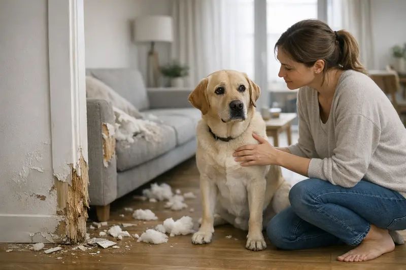 Haftpflichtversicherung für Hunde und Mietsachschäden Hund spielt in einer Mietwohnung und zeigt mögliche Schäden durch Haustiere auf.