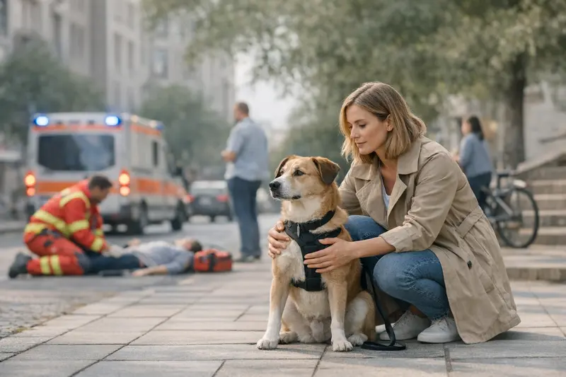 Hundehaftpflicht Versicherung in der Stadt Kleine Gruppe von Hunden in einer belebten Stadtumgebung, in der der Bedarf an einer Hundehaftpflichtversicherung deutlich wird.