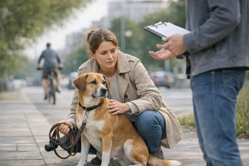 Hunde an der Leine in der Stadt Ein Hund an der Leine während eines Spaziergangs in der Stadt, was die Bedeutung der Leinenpflicht verdeutlicht.