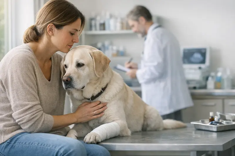 Hundehalter und Hund im Park, besorgt über Tierarztkosten