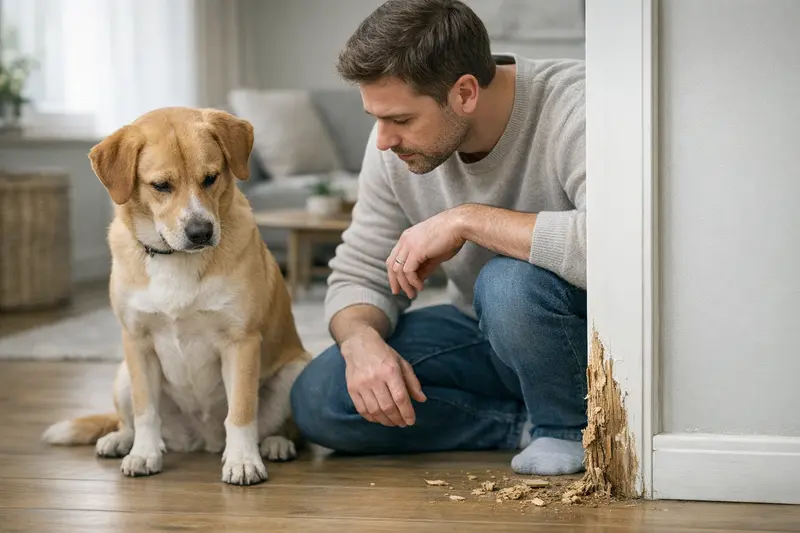 Sind Schäden in Mietwohnungen versichert? Hundefreund in einer Mietwohnung, der Schäden verursacht hat, während ein Hund daneben sitzt.