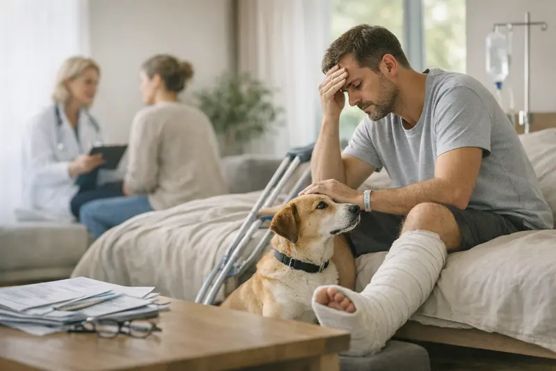 Wichtigkeit der Deckungssumme bei Hundehaftpflicht Helfende Hände bei einem Hund mit Verletzung am Hinterbein