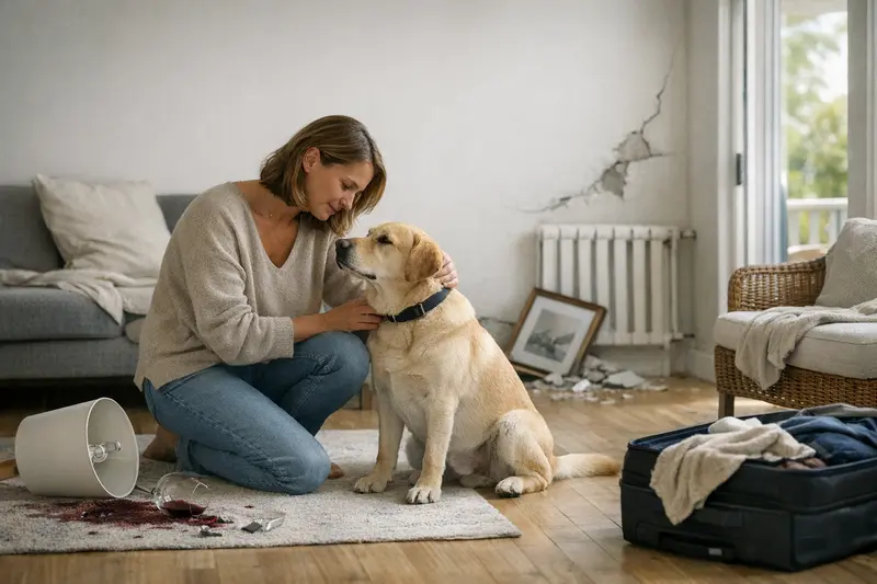 Hundehalter prüft Versicherungsunterlagen für Mietsachschäden.
