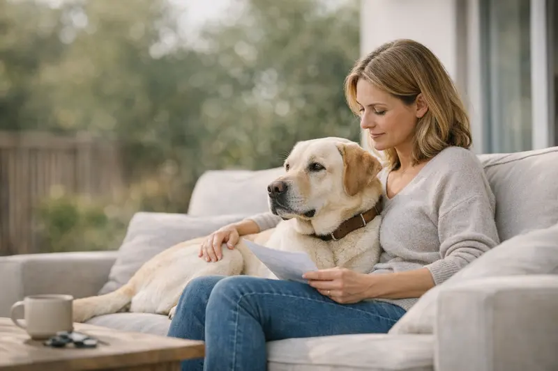Hundehaftpflicht: Pflicht oder freiwillig? Ein Labrador Retriever spielt im Park, während ein Hundebesitzer mit einem anderen Hund redet, um das Thema Hundehaftpflicht zu diskutieren.