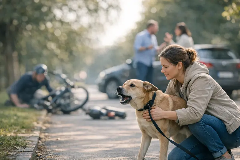 Hundehaftpflicht Notwendigkeit Ein gut erzogener Hund auf einem Spaziergang, der entspannt an der Leine läuft.