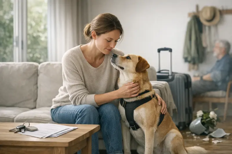 Ein Hundebesitzer vergleicht verschiedene Tarifoptionen zur Hundehaftpflicht auf einem Tablet.