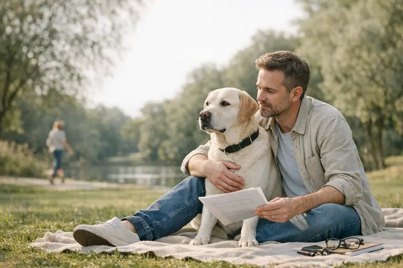 Hundehaftpflicht und Deckungssumme Ein Hund spielt im Park, während sein Halter über die geeignete Deckungssumme einer Haftpflichtversicherung nachdenkt.