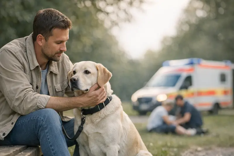 Hund im Park und Haftpflichtversicherung Ein Hund in einem Park, während sein Halter über die geeignete Deckungssumme einer Haftpflichtversicherung nachdenkt.
