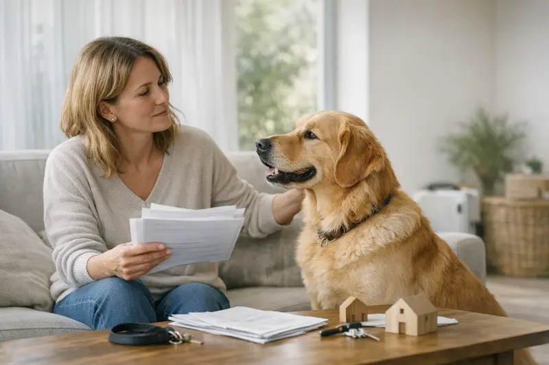 Eine Hundebesitzerin vergleicht Tarife für eine Hundehaftpflichtversicherung am Laptop.
