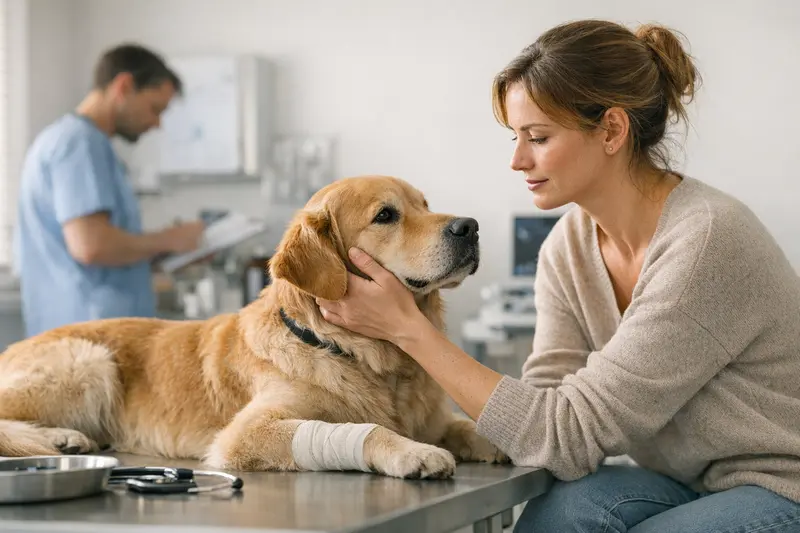 Tierarztkosten und Hundehaftpflicht Haustierbesitzer spricht mit einem Tierarzt über die Kosten von Tierarztbesuchen.