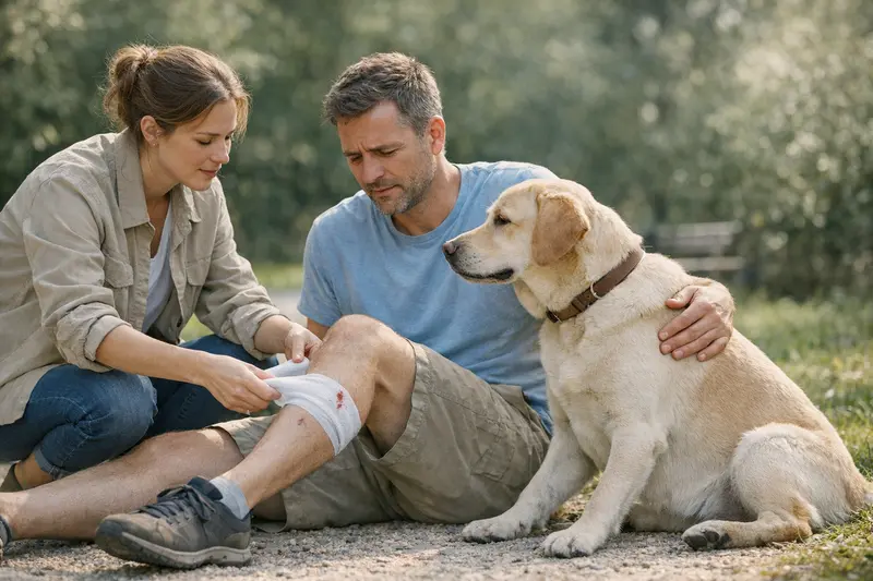 Ein Hund spielt unbeschwert im Park, während sein Besitzer die Versicherung der Hundehaftpflicht im Blick hat.