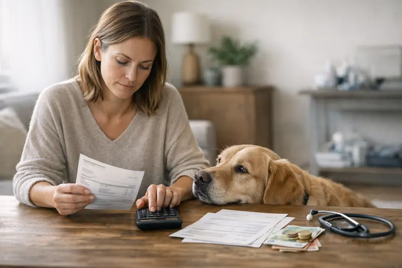 Selbstbeteiligung bei Tierarztkosten verstehen Ein Hund beim Tierarzt, der eine Behandlung erhält und mögliche Kosten bespricht.