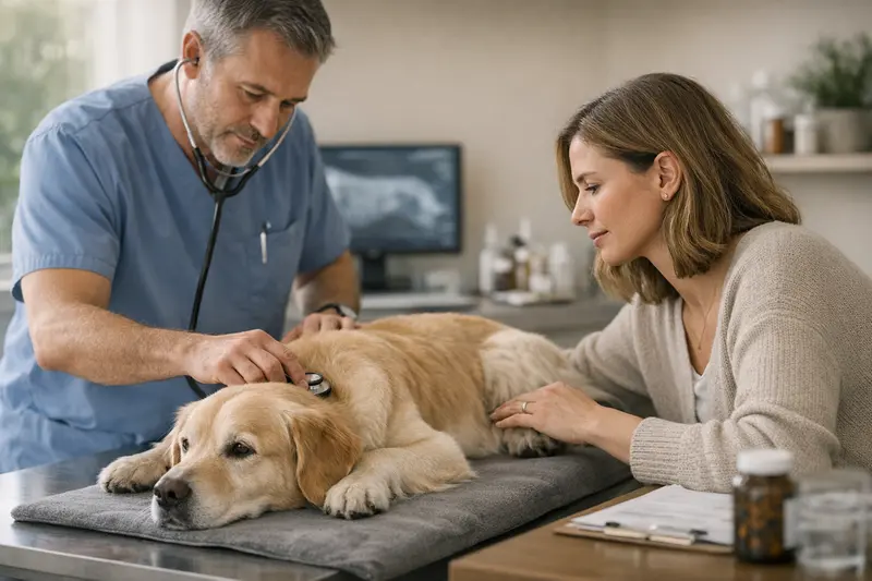 Tierarztkosten Hundekrankenversicherung Tierarzt untersucht einen Hund, was die typischen Kosten einer Hundekrankenversicherung verdeutlicht.