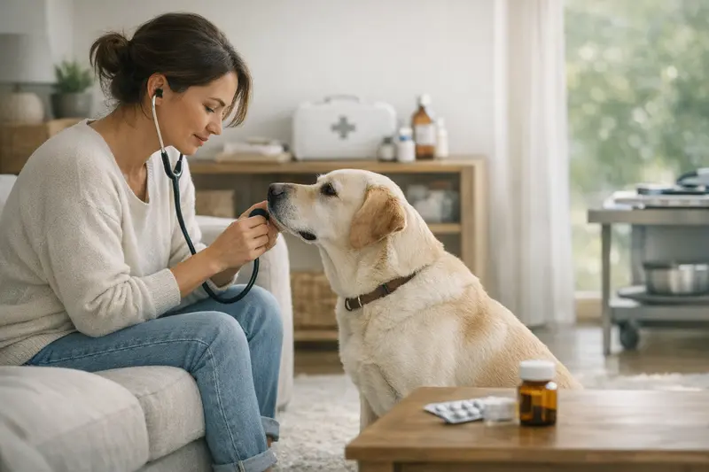 Vorsorgeuntersuchung beim Hund Ein Tierarzt untersucht einen Hund während einer Vorsorgeuntersuchung.