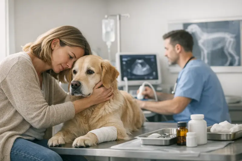 Tierarztkosten bei Hunden Ein Hund erhält eine Untersuchung beim Tierarzt, um die häufigsten Tierarztkosten zu demonstrieren.