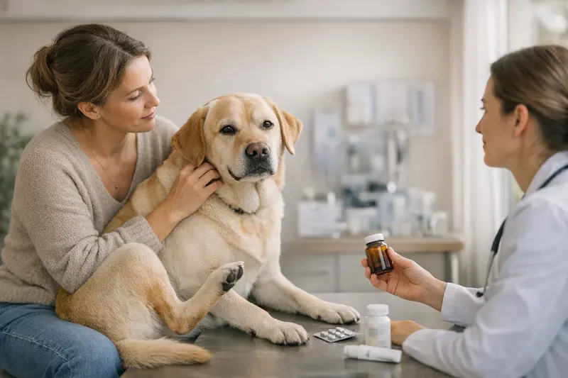 Ein Hund mit Juckreiz, der tierärztlich verordnete Medikamente erhält.