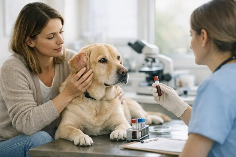 Hundehalter liest über Allergietests und Tierkrankenversicherung