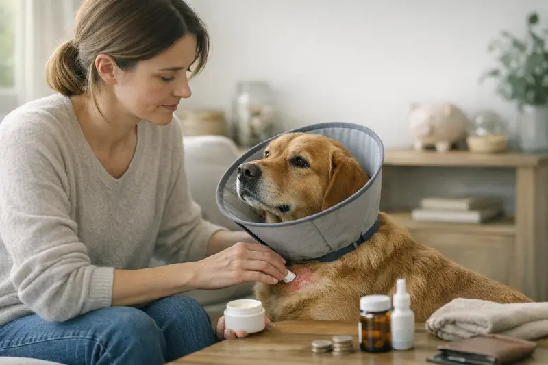 Hund mit Hautproblemen und Tierarztbesuch Ein Hund mit Hautproblemen beim Tierarzt, um über die passende Selbstbeteiligung nachzudenken.
