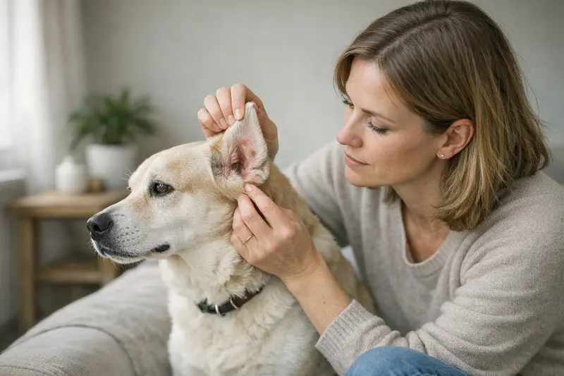 Hundehalter prüft die Hautgesundheit seines Hundes zur Vorsorge