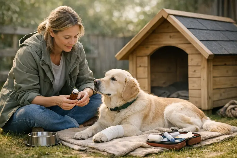 Ein Hund in seiner Hundehütte, symbolisch für die Bedeutung einer umfassenden OP- und Gesundheitsversicherung.