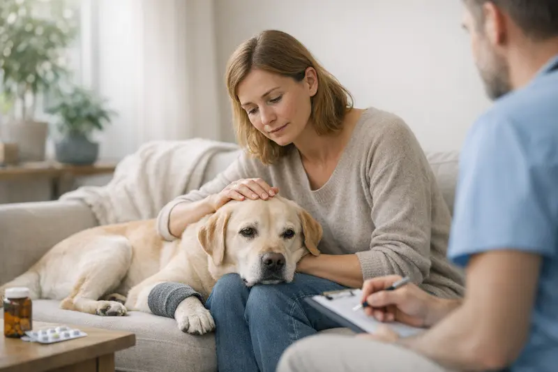 Gesundheitsunterlagen Hund Ein Hundebesitzer überprüft die Gesundheitsunterlagen seines Hundes im eigenen Zuhause.