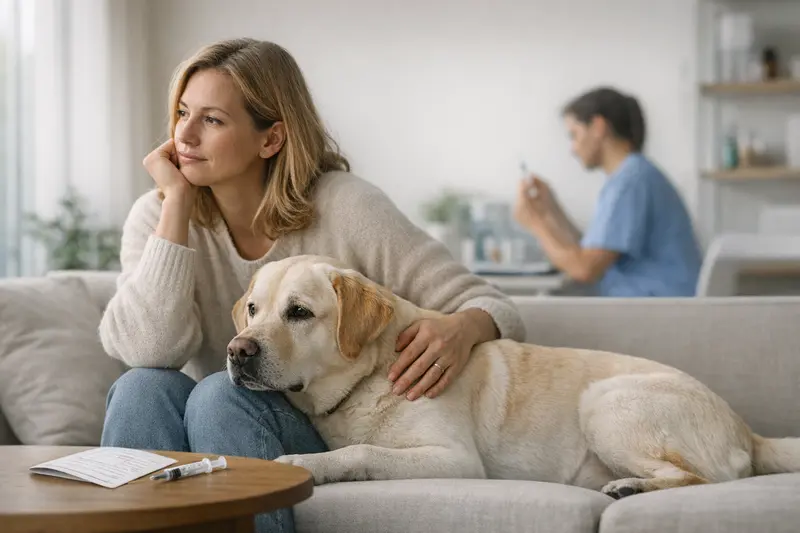 Tierarztbesuch zur Hundevorsorge Hund beim Tierarzt zur Untersuchung mit Impfpass in der Hand