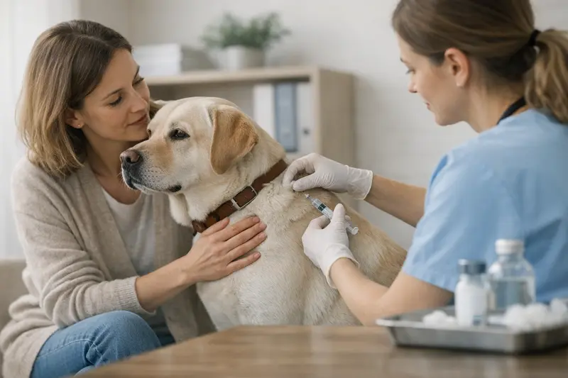 Hundehalter mit seinem Hund beim Tierarzt für Impfungen