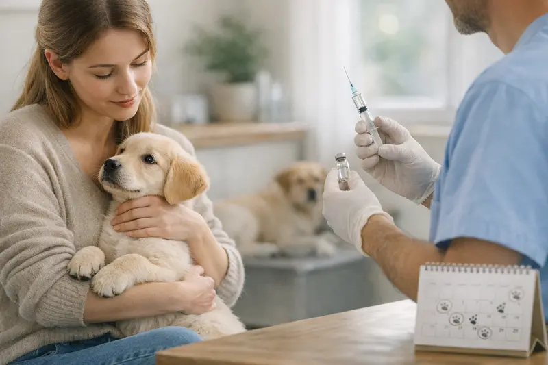 Impfungen im Welpenalter Welpen beim Tierarzt, um notwendige Impfungen zu erhalten und die Gesundheit zu sichern.