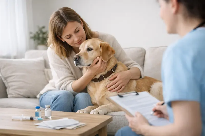 Impfungen und Tarifvergleich für Hunde Eine Tierärztin berät einen Hundebesitzer über wichtige Impfungen und Tarife für Tierversicherungen.