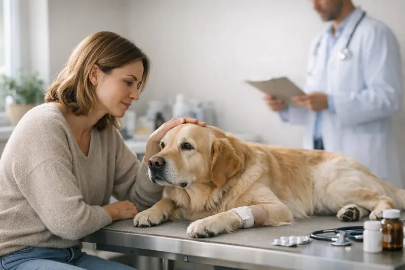 Tierarztbesuch Hund Gesunder Hund beim Tierarzt zur Untersuchung, der einen umfassenden Versicherungsschutz benötigt.