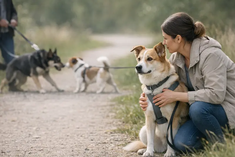 Leinenbegegnungen bei Hunden Hund an der Leine mit angespanntem Körper bei Begegnung mit anderem Hund.