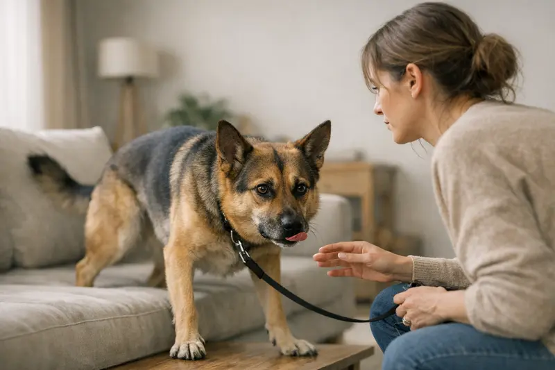 Stresssignale beim Hund erkennen Ein Hund zeigt Stresssignale wie starres Fixieren und stark nach vorn verlagerten Körper.