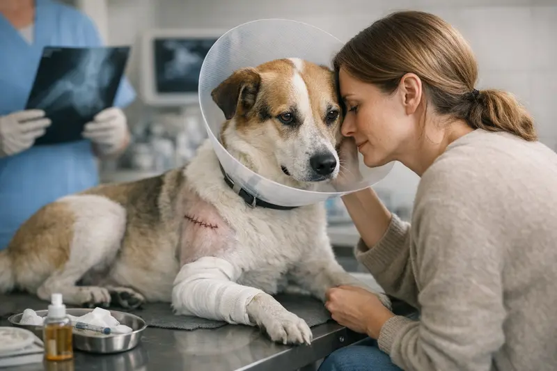 Tierarztkosten nach Hundebiss Ein Hund mit Verband nach einer Beißerei, der tierärztlich behandelt wird.