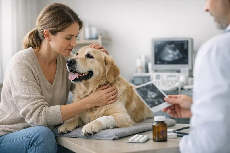 Ein Hund steht entspannt vor einem Tierarzt, während der Besitzer wichtige Fragen zu Versicherungsbedingungen stellt.