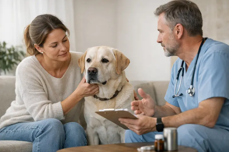 Hund beim Tierarzt wegen Kotfressen Ein Hund untersucht Verdauungsprobleme in einer tierärztlichen Praxis, um die Gefahren des Kotfressens zu verstehen.